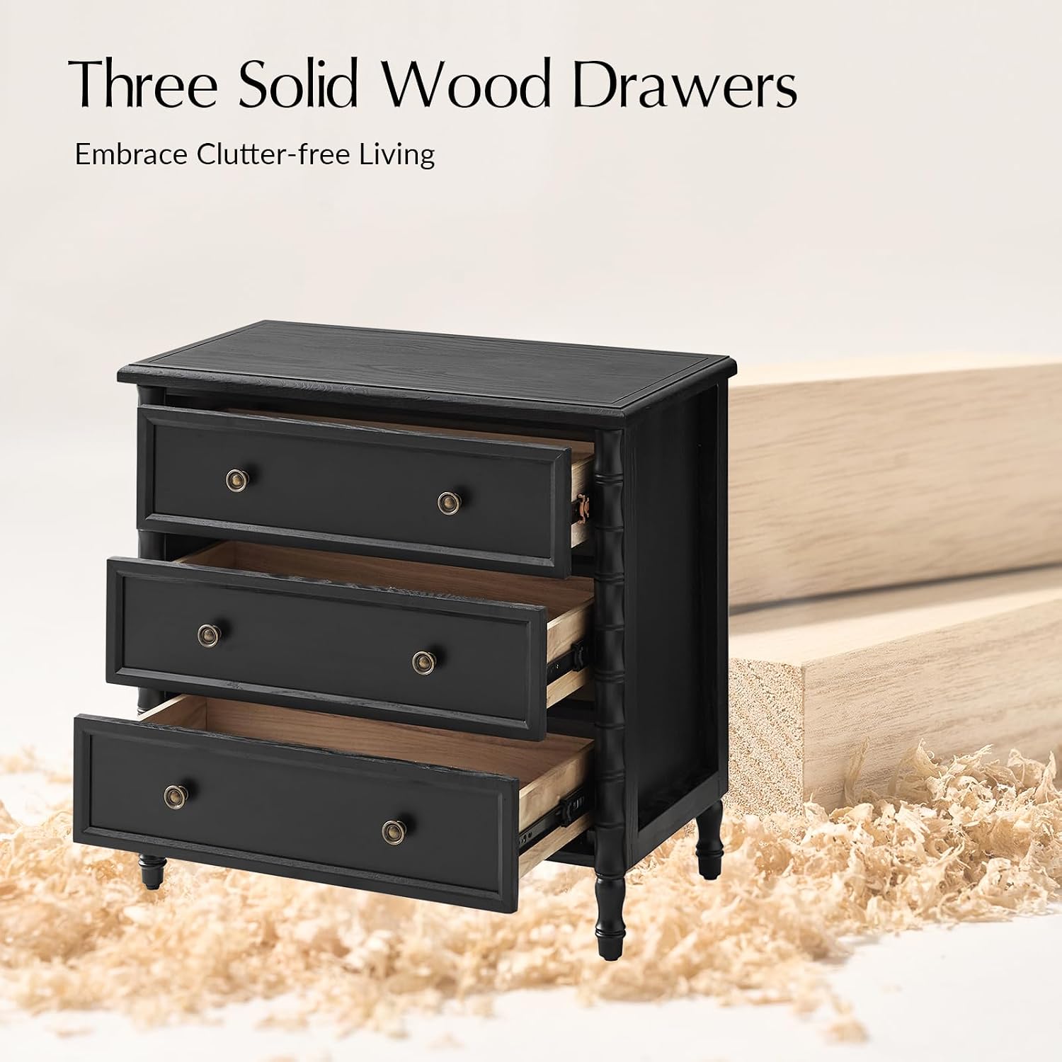 HULALA HOME Solid Wood End Tables Set of 2 with Bamboo-Inspired Frame, 28' Wide Endtables with Charging Station, 3 Drawer Side Tables for Living Room, Black