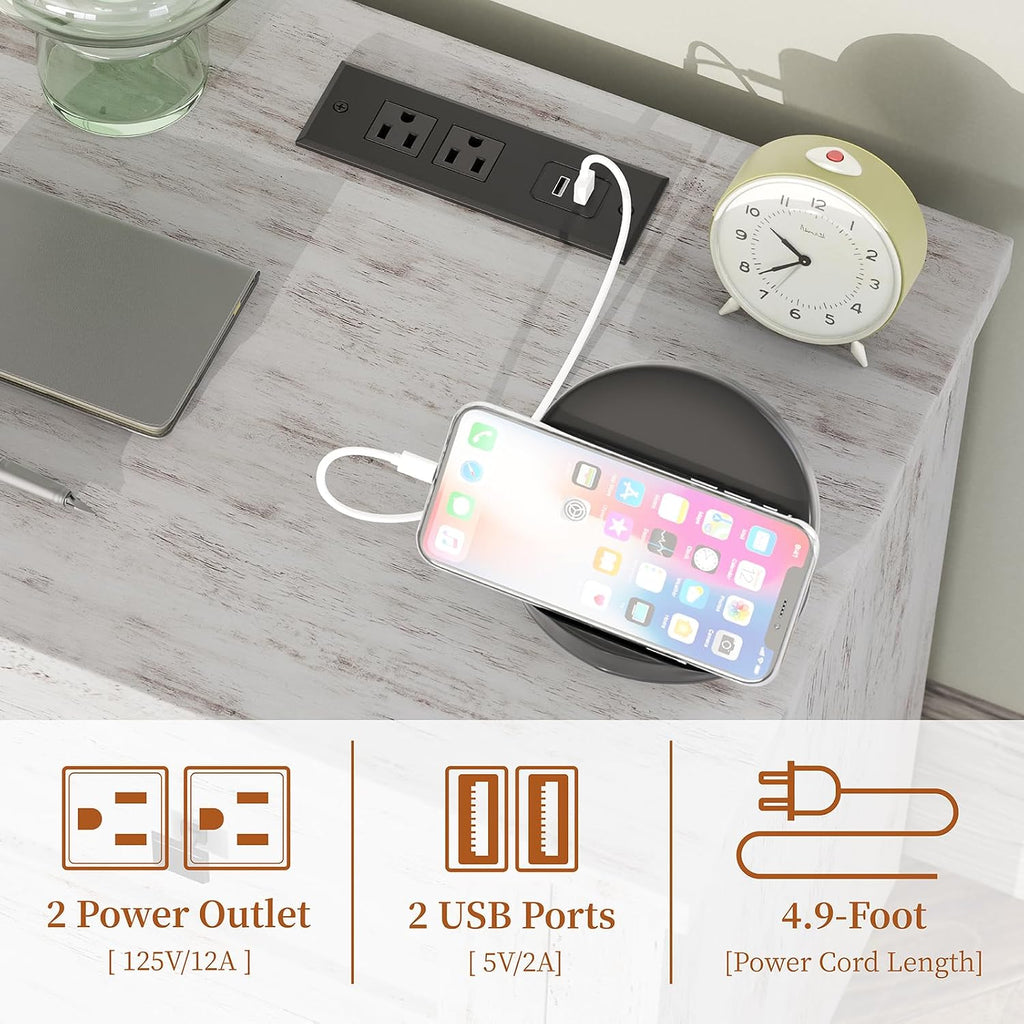 AMERLIFE Large Nightstand Set of 2 with Charging Station, Bedside Table with USB Ports and Outlets, Farmhouse Wood End Table for Bedroom, Distressed White