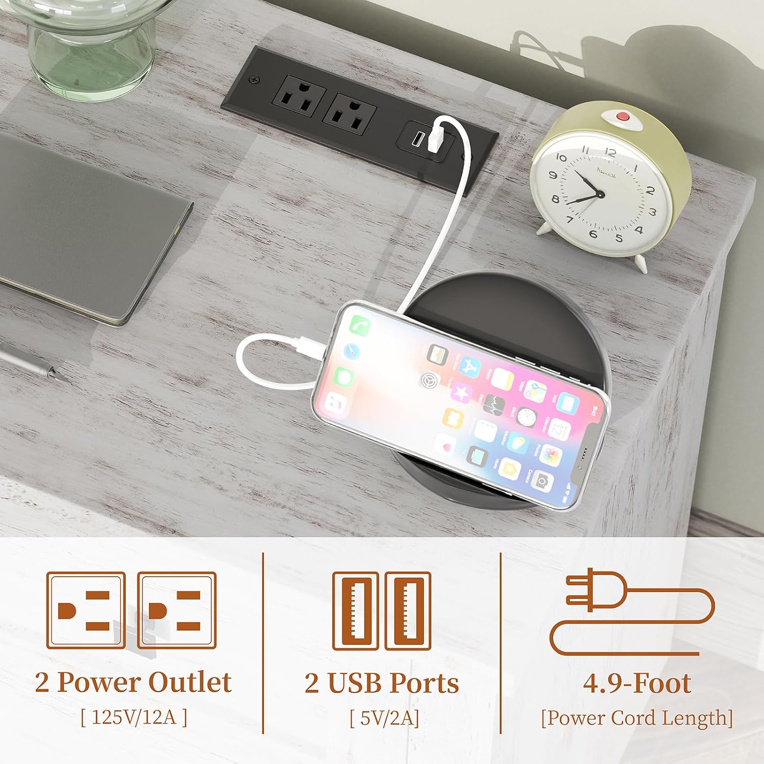 AMERLIFE Large Nightstand Set of 2 with Charging Station, Bedside Table with USB Ports and Outlets, Farmhouse Wood End Table for Bedroom, Distressed White