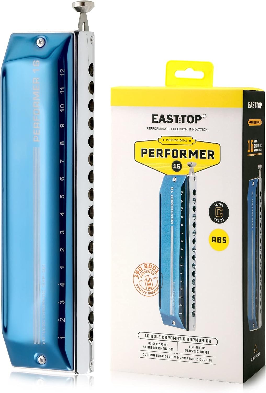 East top Chromatic Harmonica 16 Hole 64 Tone Key of C, Professional Advanced Mouth Organ For Adults, Students and Harmonica-Lovers with Blue Cover (EAP-16)