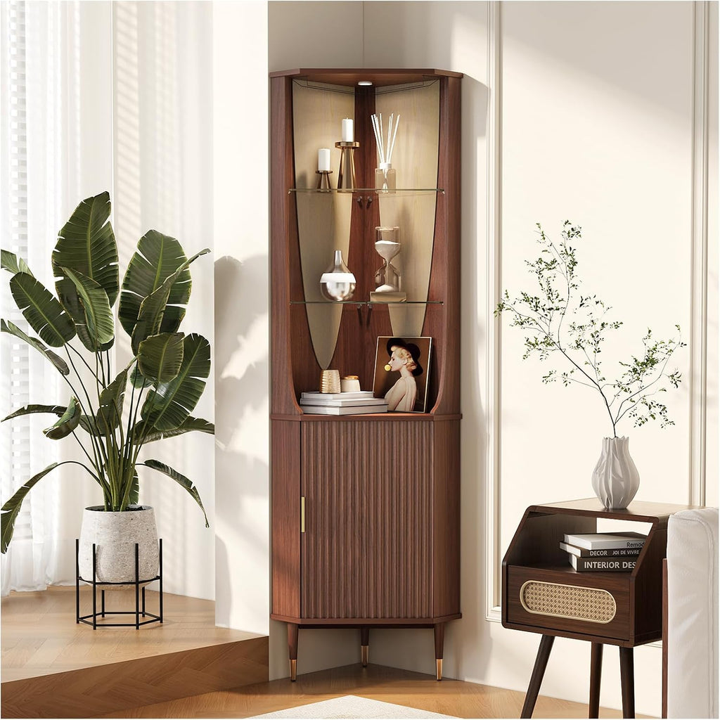 JOINICE 70' Tall Corner Bar Cabinet, Mid-Century Modern Fluted Storage Cabinet with Glass Shelves, Door & LED Lighting, Space-Saving Liquor Cabinet for Living Room, Kitchen, or Dining Room, Walnut