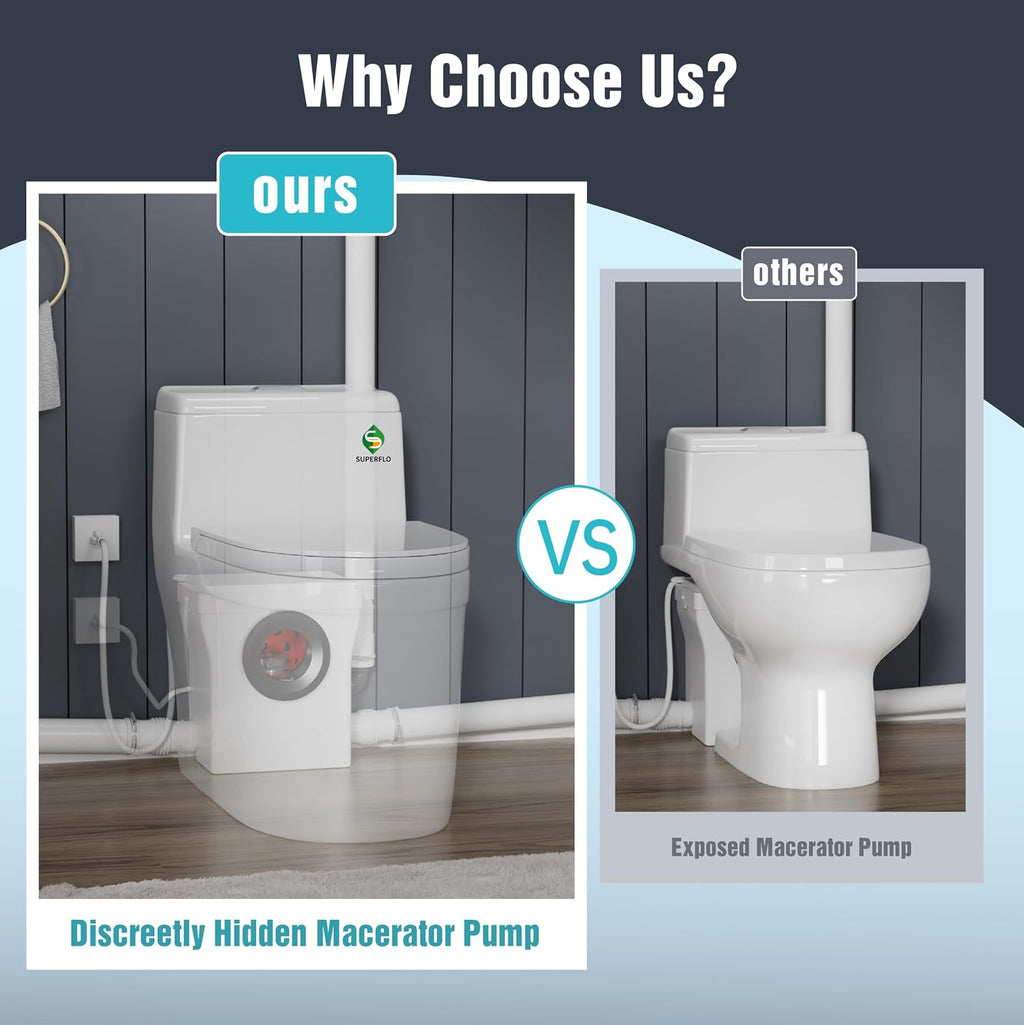 SUPERFLO Macerating Toilet System with Macerator Toilets Pump & One Piece Toilet Bowl,600W Upflush Toilet for Basement Pump to V26.2- H262 Feet