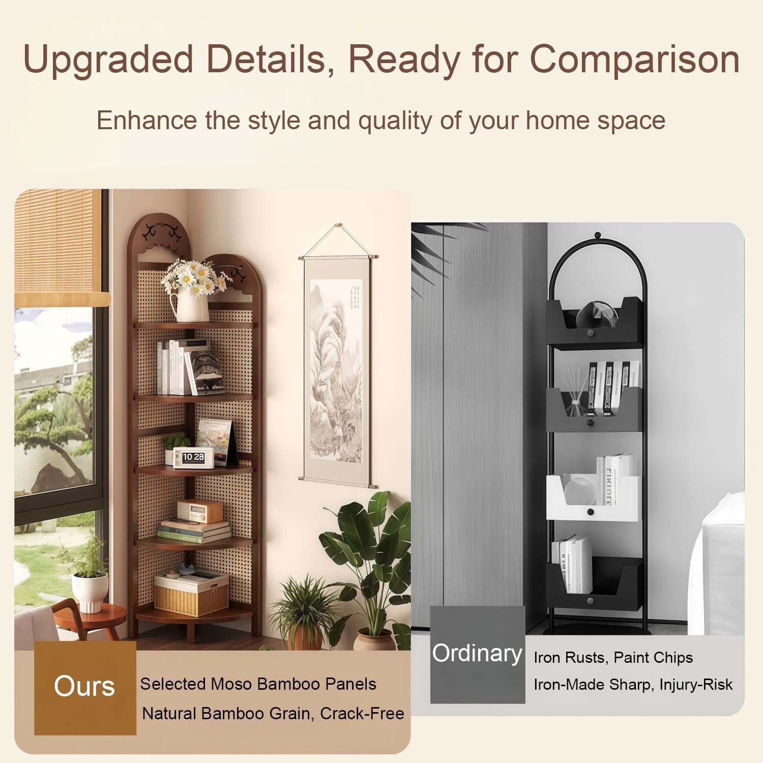 Carved Corner Shelf Multi-Layer Large-Capacity Corner Rack & Plant Stand for Living Room Study Bedroom Dining Balcony (Burlywood,12.9' L*12.9' W*66.7' H)