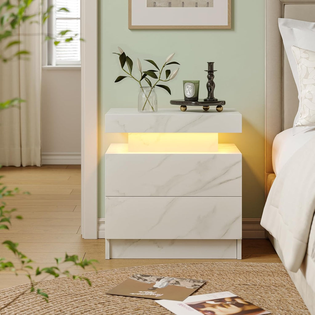 Cubehom Nightstands Set of 2, Bedside Tables with LED Lights, Night Stands with 2 Wood Drawers, End Tables Set of 2 for Living Room/Bedroom