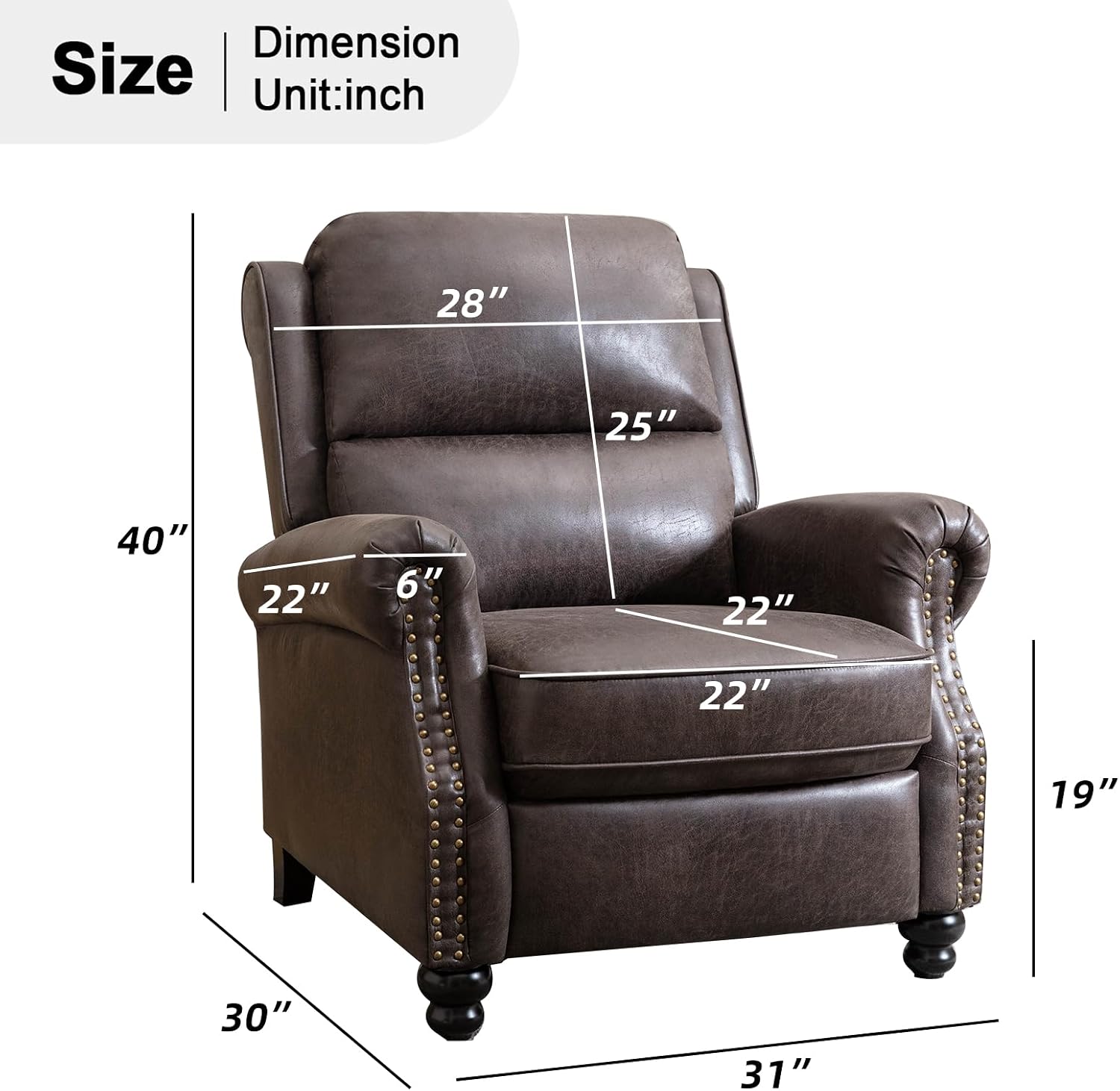 CANMOV Pushback Recliner Chair Faux Leather Armchair Push Back Recliner with Rivet Decoration Single Sofa Accent Chair for Living Room, Dark Grey