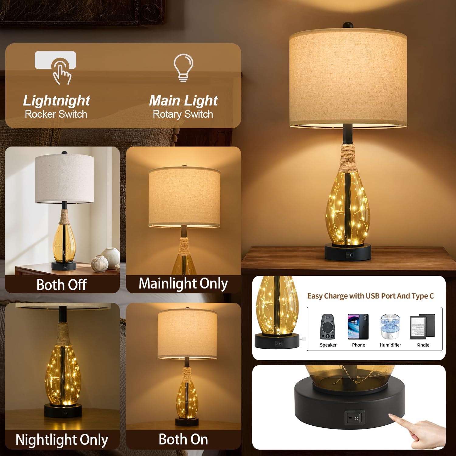 OYEARS 23' Table Lamps for Living Room Set of 2 Bedside Lamps for Night Stands Bedroom Lamps Farmhouse Rattan Boho Lamp Glass Nightlight End Table Lamp,Two Light Points