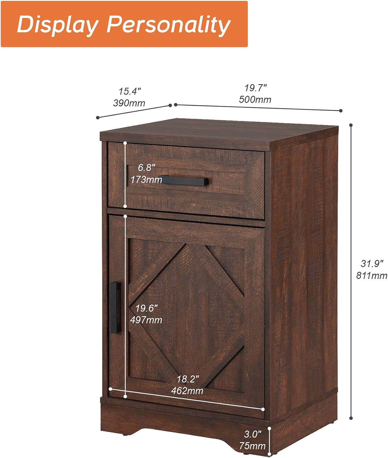 WAMPAT 2 Pack End Table with 1 Drawer & Barn Door, Farmhouse Sofa Side Table, Modern 31.9 inch Tall Nightstand Set of 2 with Adjustable Storage Shelf, Accent Cabinet for Living Room,Rustic Brown