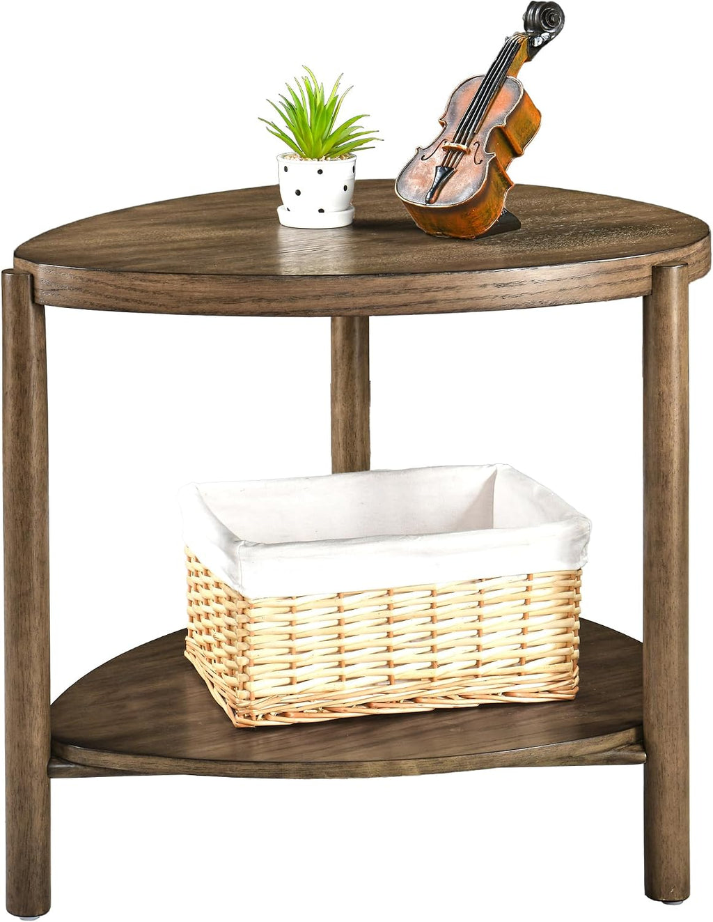 2-Tier Solid Wood End Table with Storage Waterdrop-Shaped Side Table Nightstand for Bedroom Modern Rustic Drink Table for Living Room, Brown