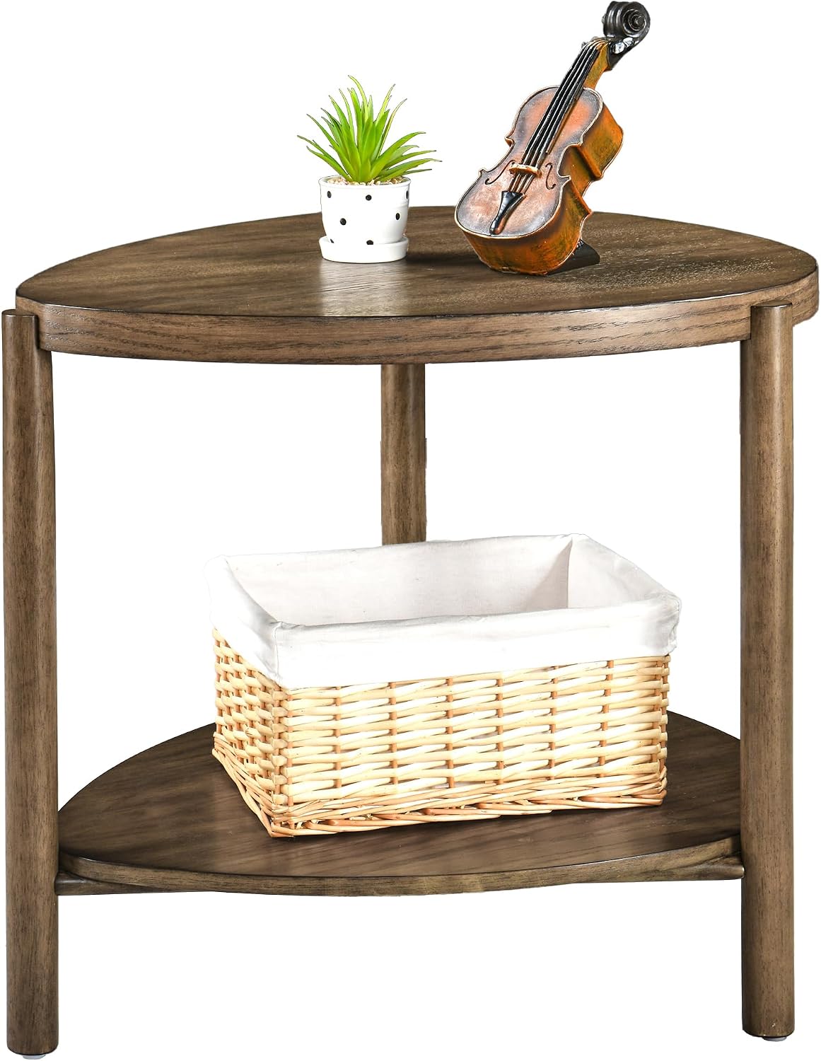 2-Tier Solid Wood End Table with Storage Waterdrop-Shaped Side Table Nightstand for Bedroom Modern Rustic Drink Table for Living Room, Brown