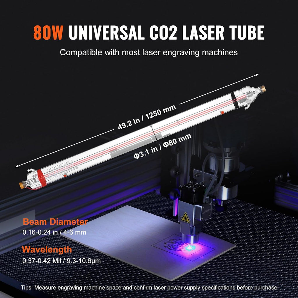 VEVOR 90W CO2 Laser Tube, 49.2 in (1250 mm) Length, 3.1 in (80 mm) Dia Borosilicate Glass Laser Cutter Tube with Metal Head, 10,000hr Wires Preconnected for Laser Engraver Engraving Cutting Machine