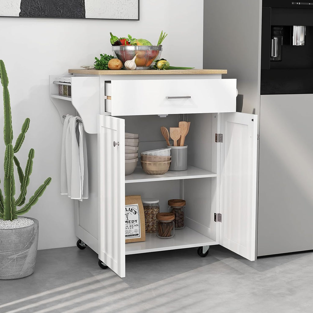 Kitchen Island, Rolling Kitchen Carts on Wheels with Storage Cabinet, Drawer, Spice Rack, Towel Bar, Modern Serving Trolley Cart Island Table for Dining Room, White, 32.5' L x 19' W x 36' H
