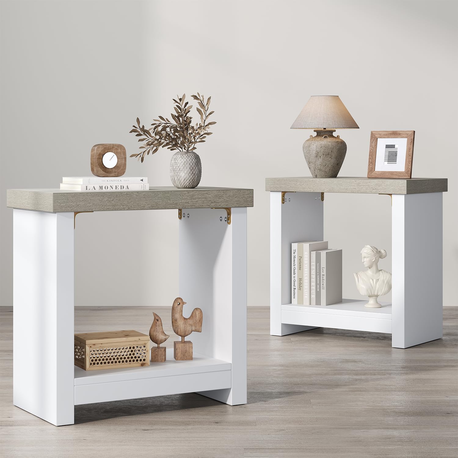 End Tables Set of 2 for Living Room, Narrow Side Tables with Storage Shelves, Square End Table for Bedroom, Slim Nightstand, Skinny Rectangle Accent Table, Farmhouse Bedside Table, White + Gray