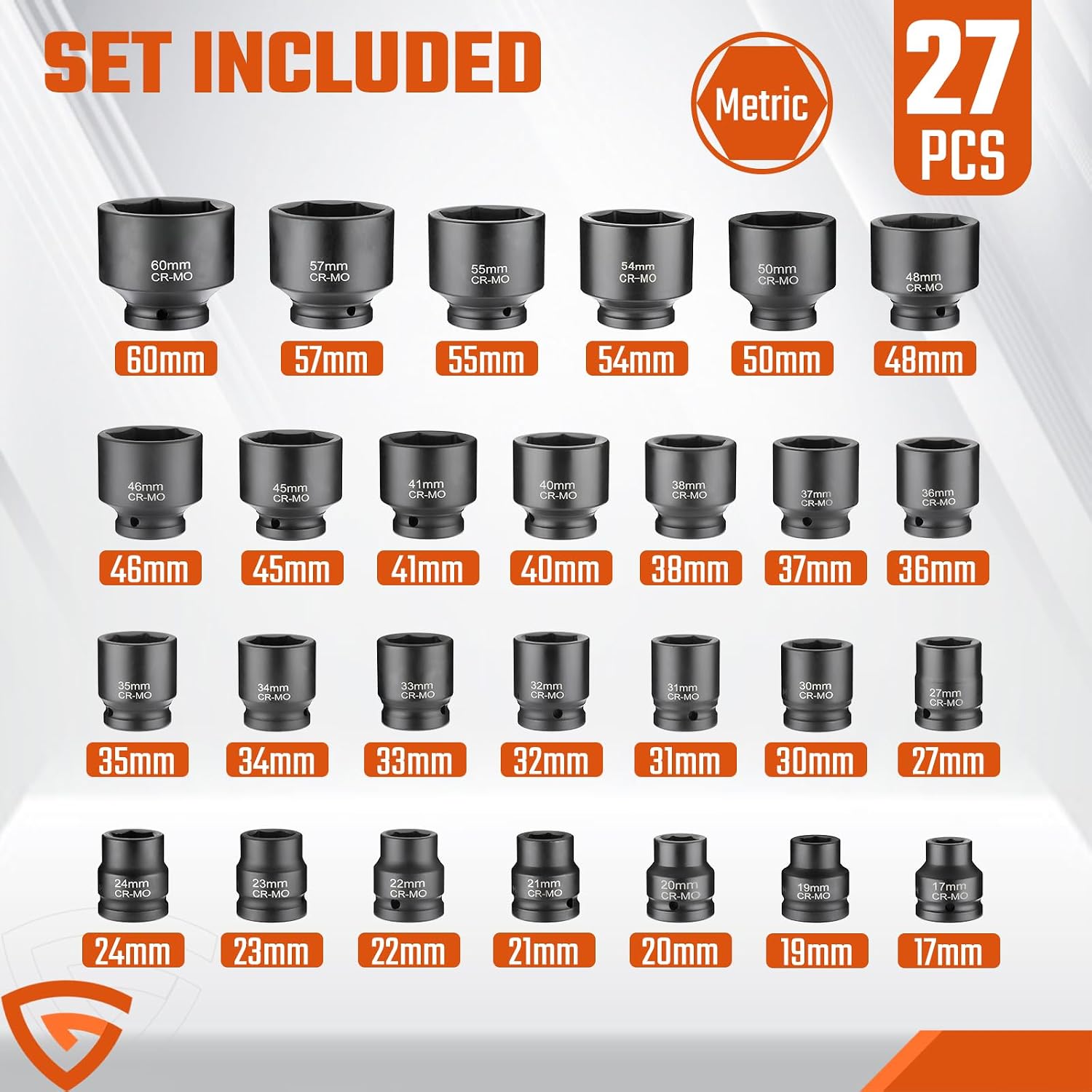 27 Piece 3/4' Drive 6 Point Metric Impact Socket Set | 17mm-60mm| Cr-Mo Steel