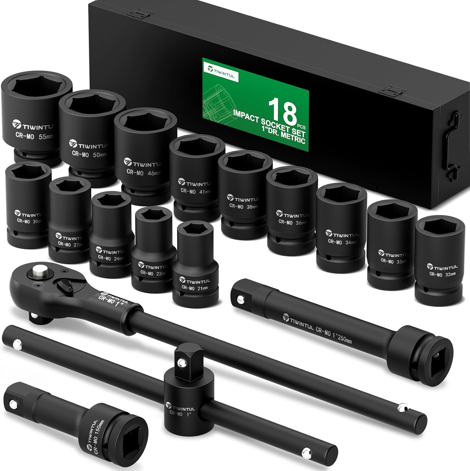 1 Inch Drive Impact Socket Set for Truck, Excavator & Construction Equipment Repair, 21-55mm Metric Heavy Duty CR-MO Socket Set, 18 Pcs with 24' Ratchet Wrench, Sliding T-Bar & Extension Bars