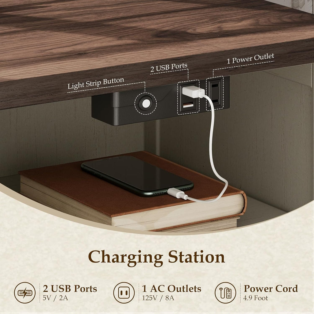 AODK Farmhouse Nightstand Set of 2, Bedside Tables with Charging Station & LED Lights, End Tables with Two Drawers and Open Storage, Rustic Bed Side Tables for Bedroom, Rustic White & Walnut