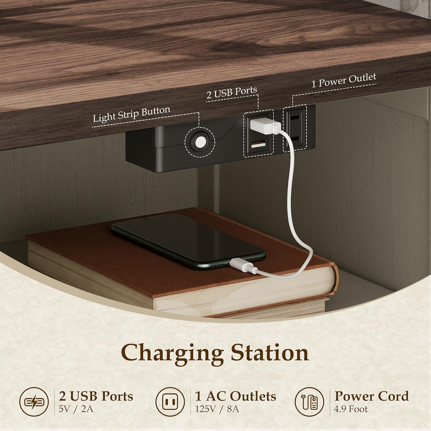 AODK Farmhouse Nightstand Set of 2, Bedside Tables with Charging Station & LED Lights, End Tables with Two Drawers and Open Storage, Rustic Bed Side Tables for Bedroom, Rustic White & Walnut