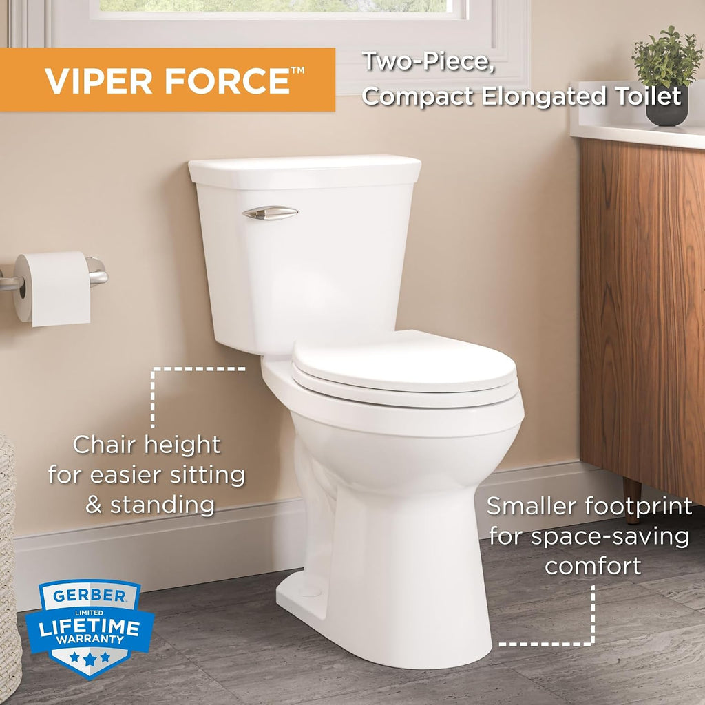 Gerber Viper Force Compact Elongated Two-Piece Toilet with 12-in Rough in, ADA Compliant Chair Height, High Efficiency 1.28 GPF, Soft-Close Seat and Install Kit with Wax Ring Included, White, GRS48350