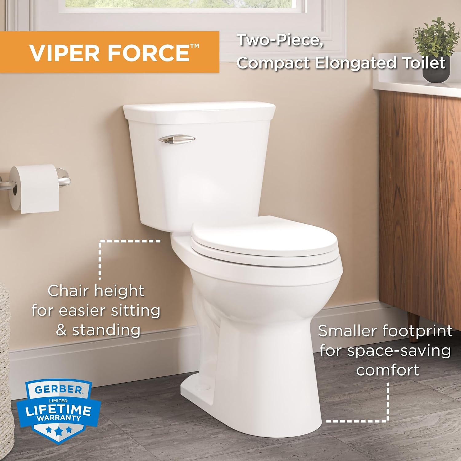 Gerber Viper Force Compact Elongated Two-Piece Toilet with 12-in Rough in, ADA Compliant Chair Height, High Efficiency 1.28 GPF, Soft-Close Seat and Install Kit with Wax Ring Included, White, GRS48350