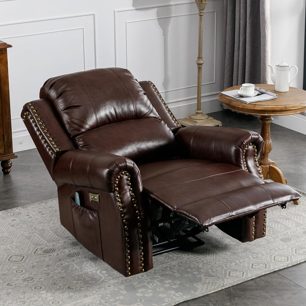HAOMARKETS Classic Power Recliner Chair Set of 2 with Massage and Heat, Breathable Faux Leather Electric Recliner with USB Port, Overstuffed Reclining Sofa with Rivets for Living Room, Caramel Brown