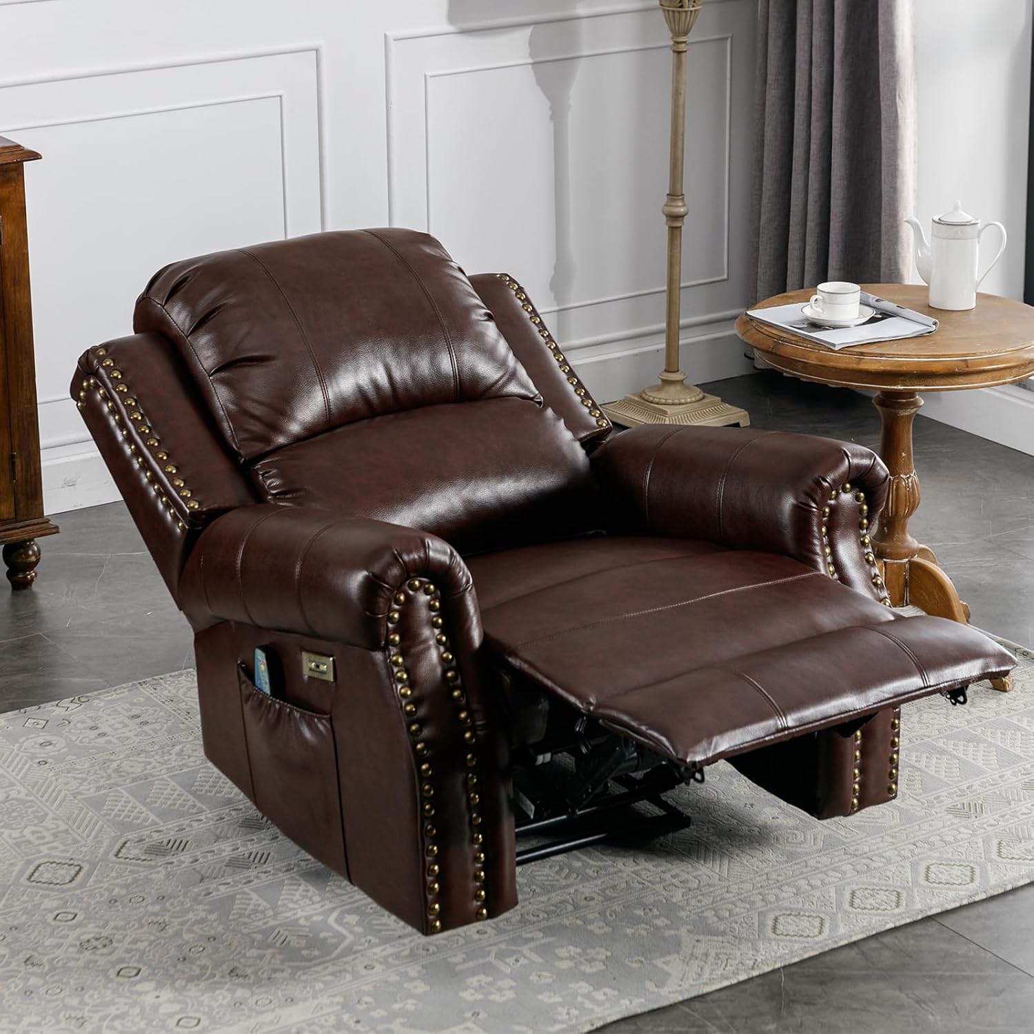 HAOMARKETS Classic Power Recliner Chair Set of 2 with Massage and Heat, Breathable Faux Leather Electric Recliner with USB Port, Overstuffed Reclining Sofa with Rivets for Living Room, Caramel Brown