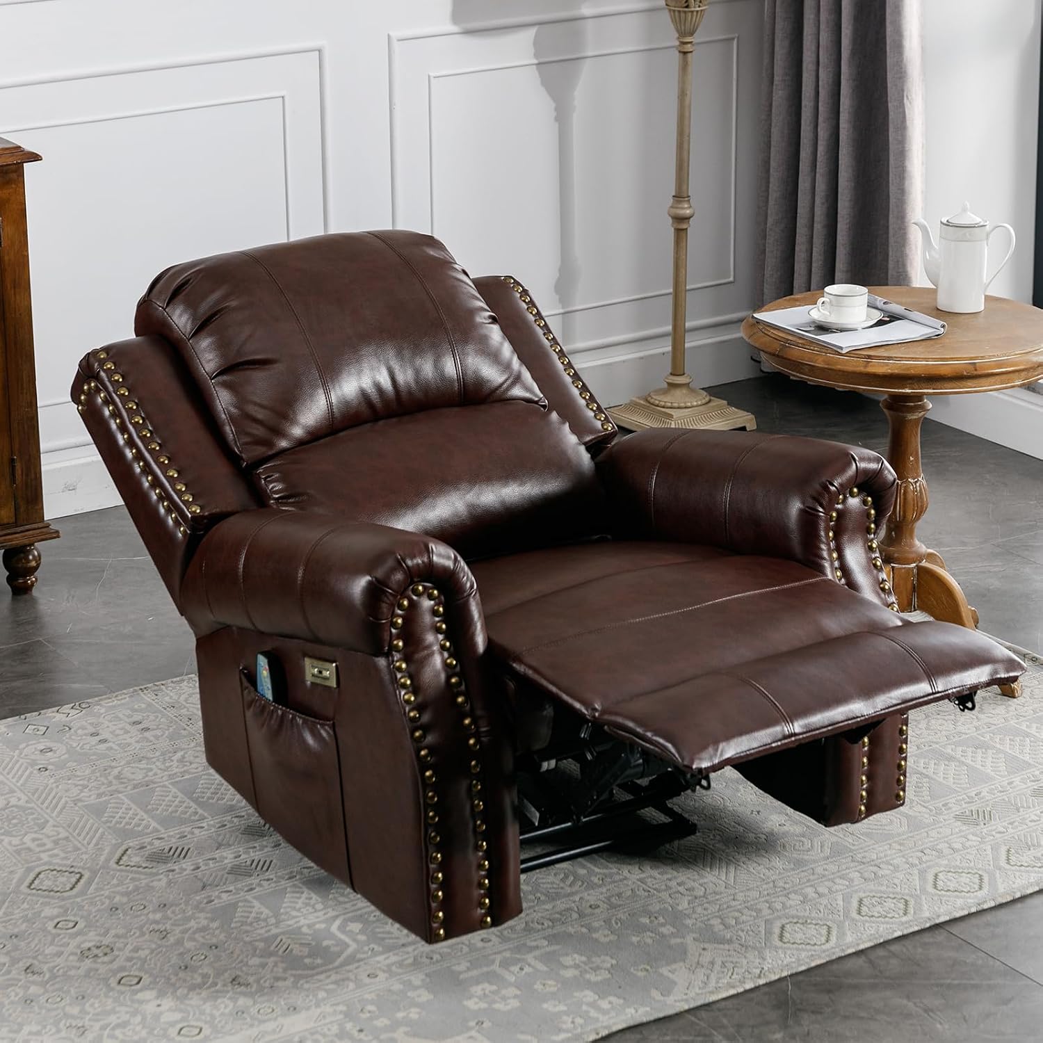HAOMARKETS Classic Power Recliner Chair with Massage and Heat, Breathable Faux Leather Electric Recliner with USB&Type-C Ports, Overstuffed Reclining Sofa with Rivets for Living Room, Caramel Brown