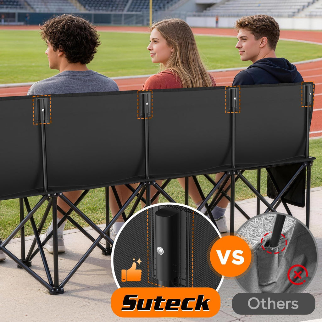 Suteck 8 Seats Soccer Bench, Portable Team Bench with 17.3'x 17.3' Individual Seats, 600D Oxford Fabric & Side Pockets, Heavy Duty Outdoor Folding Bench for Sports, Camping, Patio & Park Events