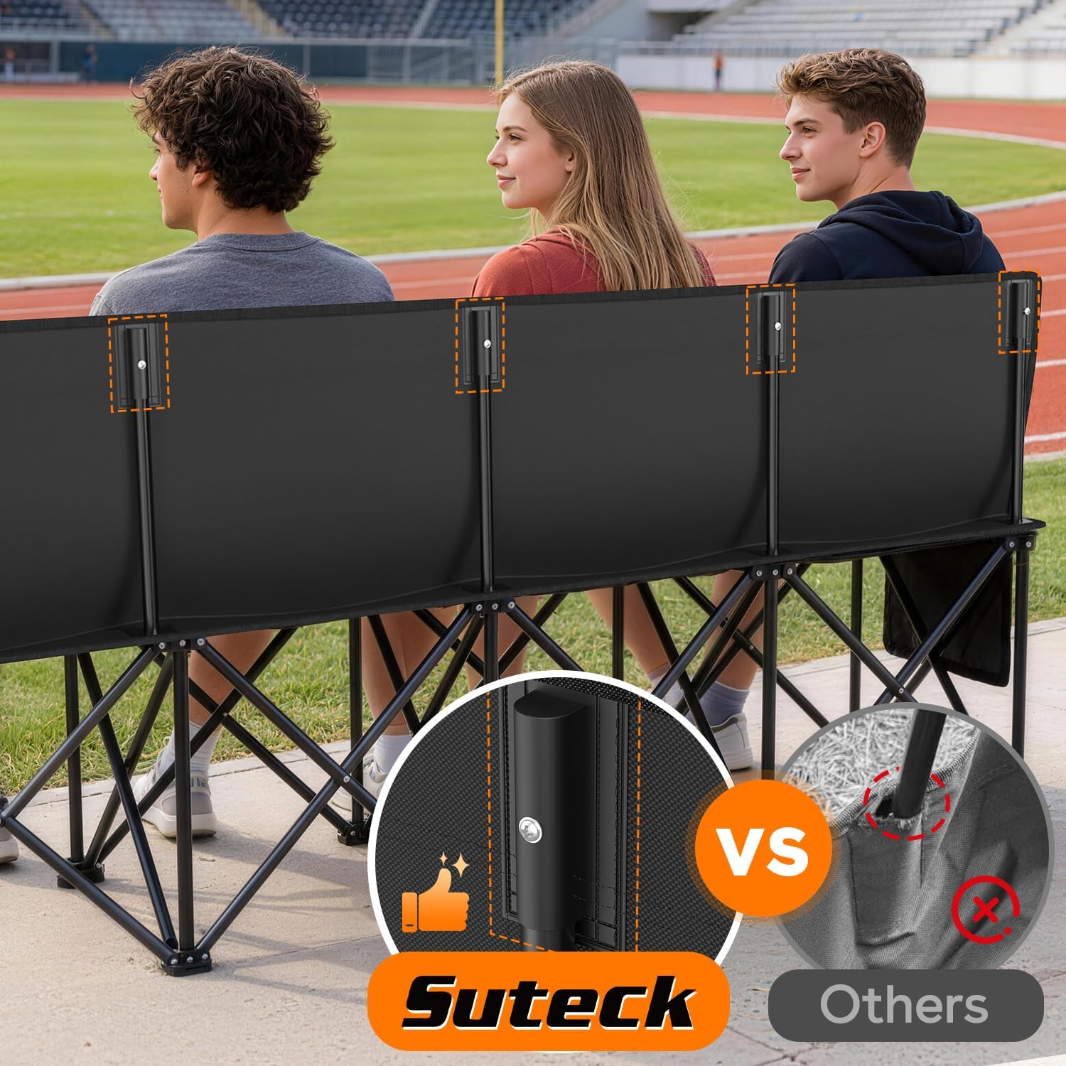 Suteck 8 Seats Soccer Bench, Portable Team Bench with 17.3'x 17.3' Individual Seats, 600D Oxford Fabric & Side Pockets, Heavy Duty Outdoor Folding Bench for Sports, Camping, Patio & Park Events
