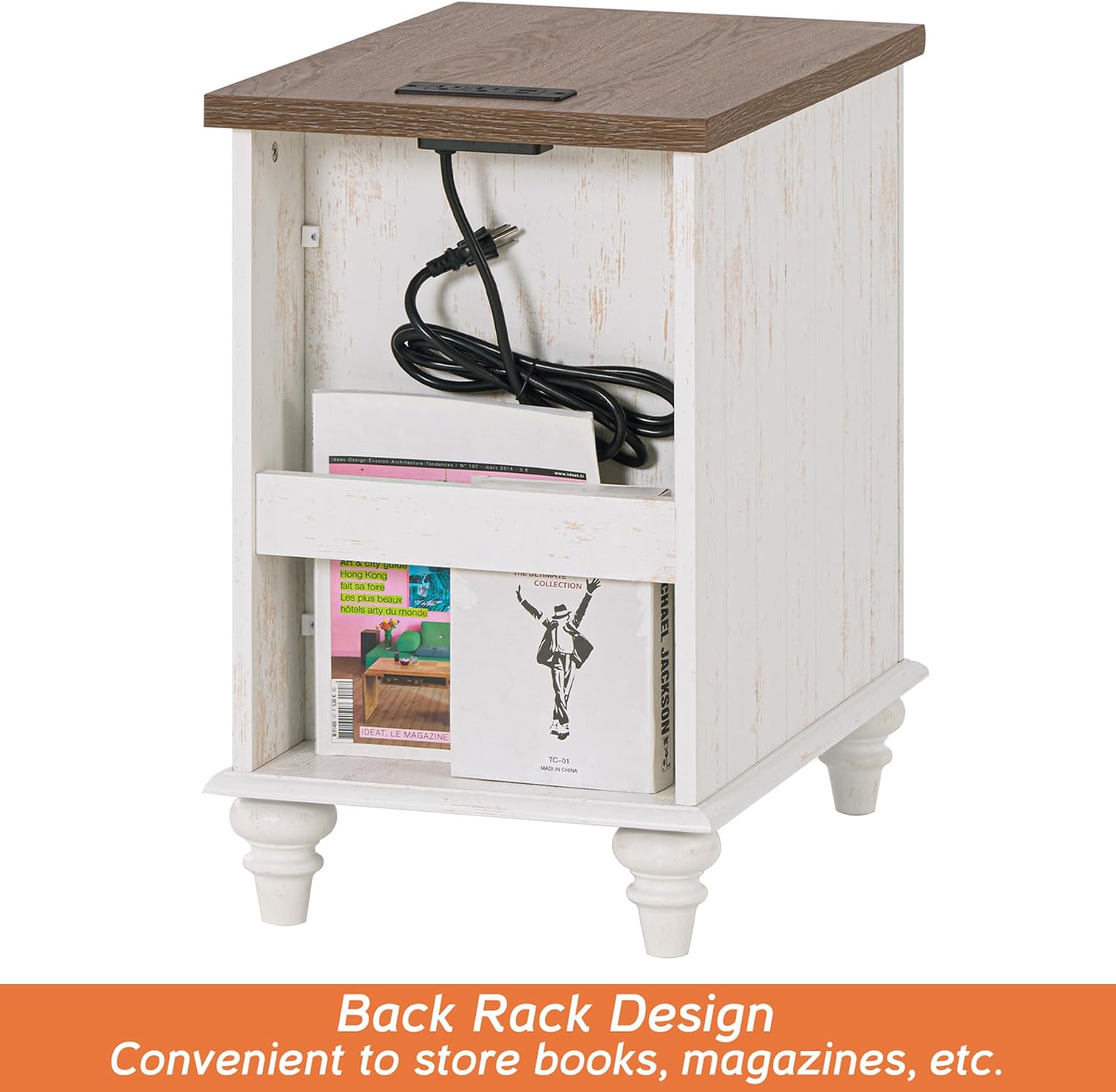 WAMPAT 2 Pack End Tables with Charging Station, Farmhouse Side Table with Drawer & Storage Cabinet, Antique White Nightstand with Power Outlets & USB Ports for Living Room, Bedroom
