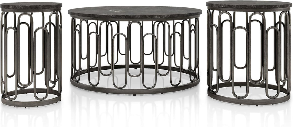Furniture of America Davis 3-Piece Modern Table Set with Marble Top & Sturdy Metal Legs & Open Shelf for Living Room, Apartment, Small Space, Black
