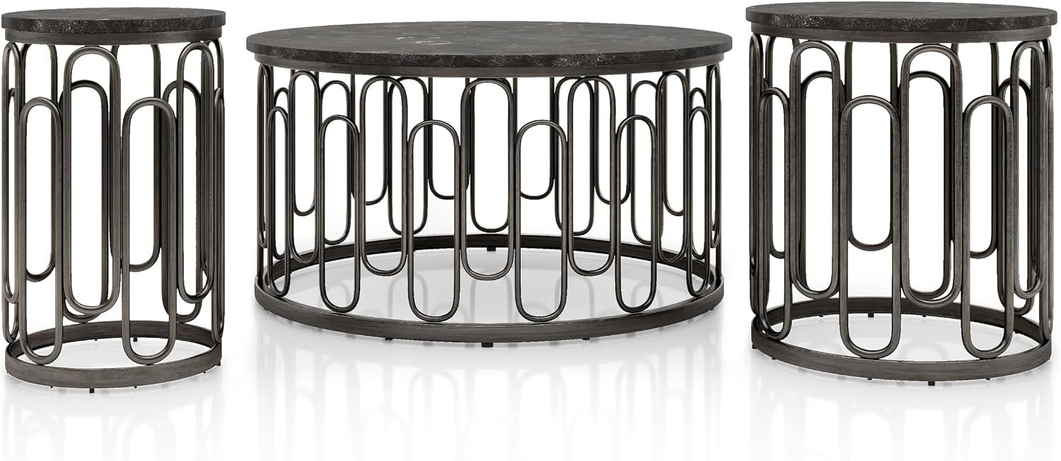 Furniture of America Davis 3-Piece Modern Table Set with Marble Top & Sturdy Metal Legs & Open Shelf for Living Room, Apartment, Small Space, Black