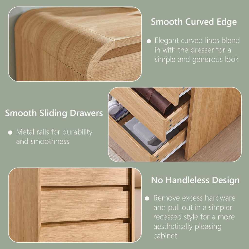 Aitjunz 25' Tall Modern Nightstand Set of 2, 23.6' Wide Wood Bedside Table with Charging Station, 3 Storage Drawers Side Table w/Curved Profile Design,End Table for Bedroom, Natural Oak