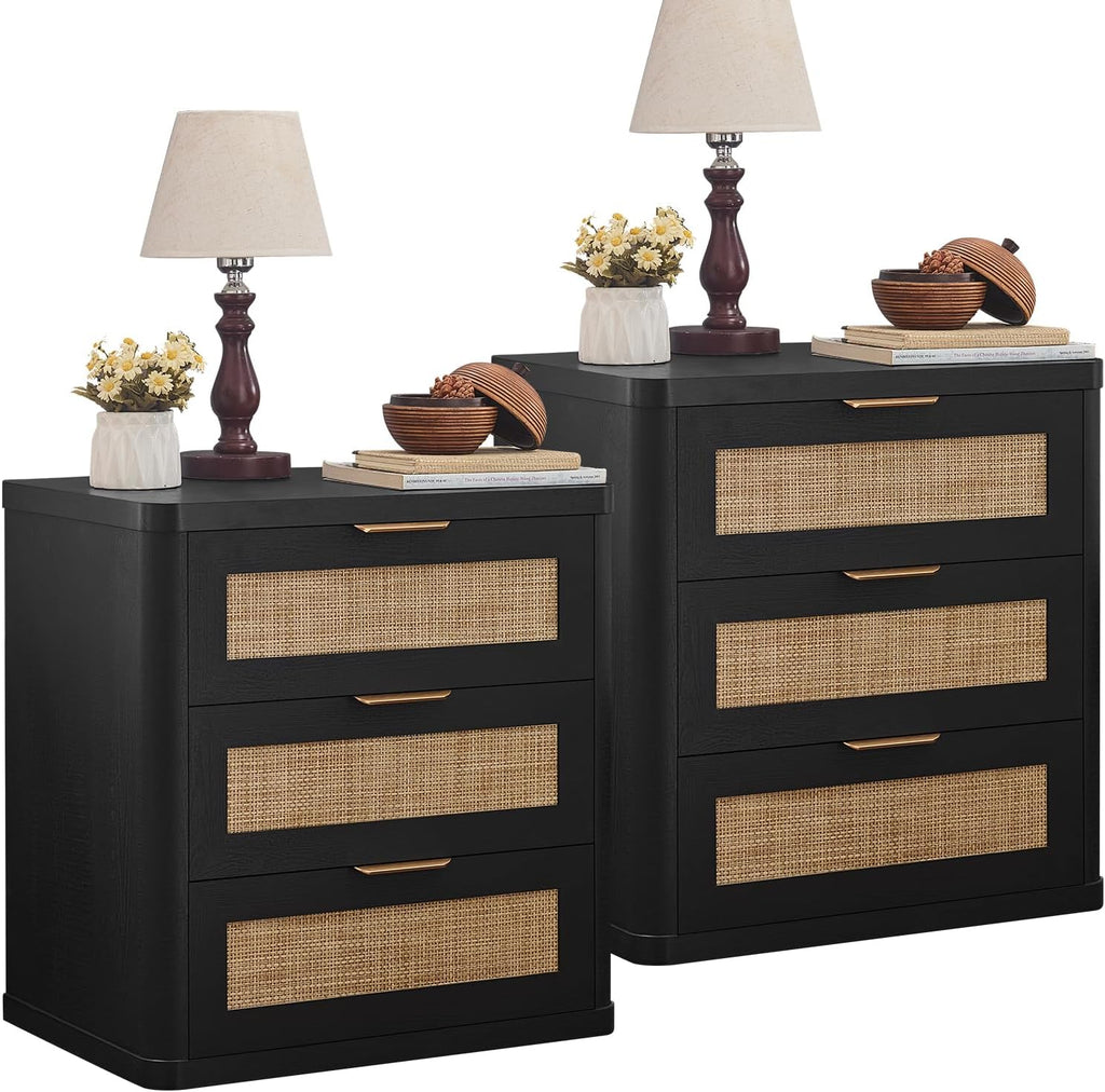 LEYAOYAO Rattan Night Stand Set of 2 with Drawers, 23' Large 3 Drawer Boho Nightstand, Natural Wood Bedside Table Storage Cabinet, Bed Side End Tables Dresser for Bedroom, Living Room, Hallway, Closet