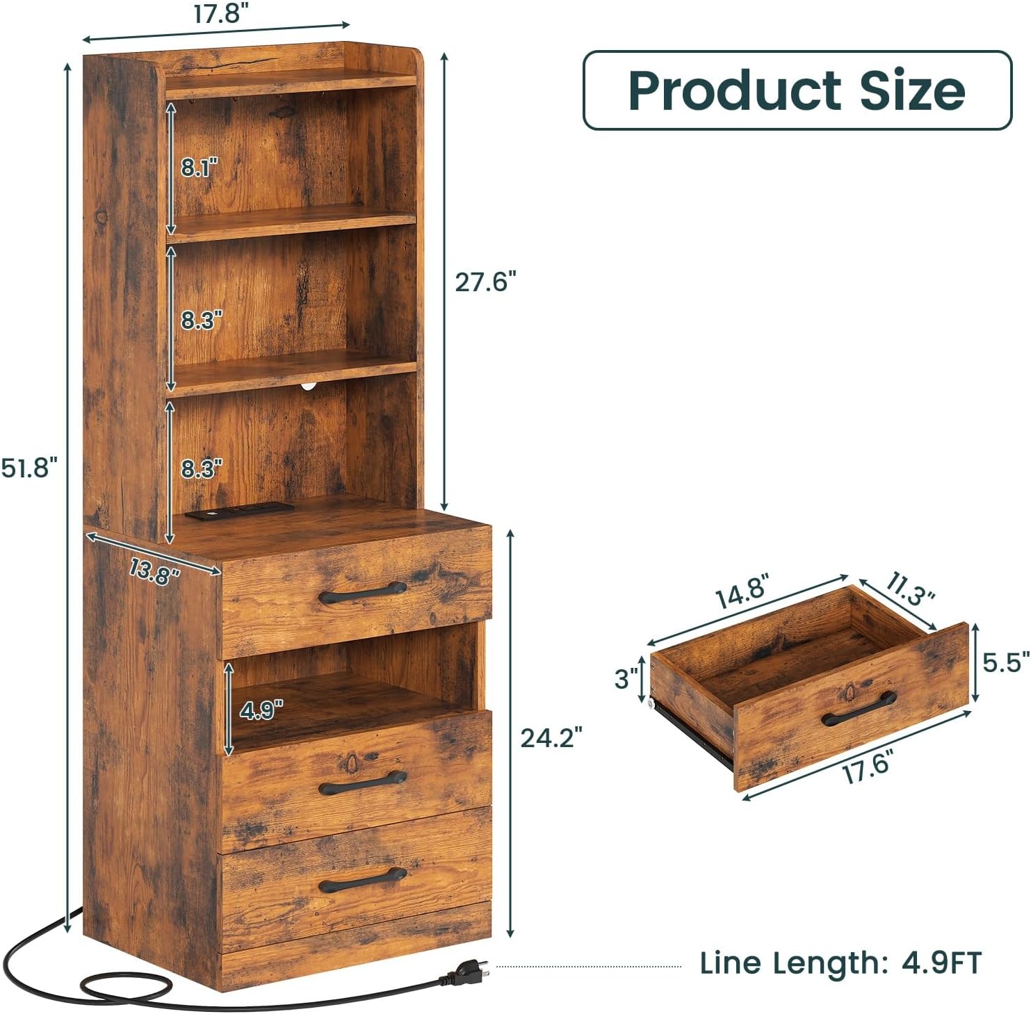 AOGLLATI Tall Night Stand Set of 2, Nightstand with Charging Station and LED Lights, Rustic Brown Bedside Table with Bookshelf, 3 Drawers and Open Shelves, Modern End Side Table for Bedroom