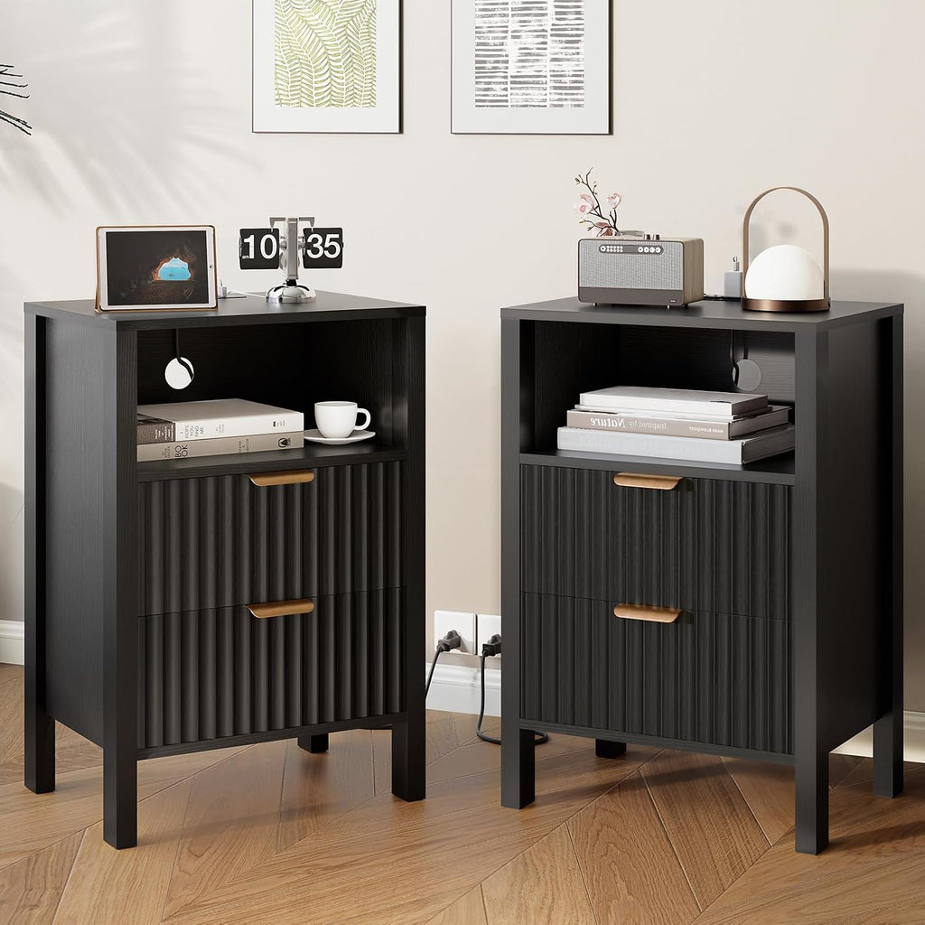 Nasonet Night Stand Set of 2, Fluted End Table Set of 2, Modern Nightstand with Charging Station, Wood Bedside Table with Storage Drawer for Bedroom, Black