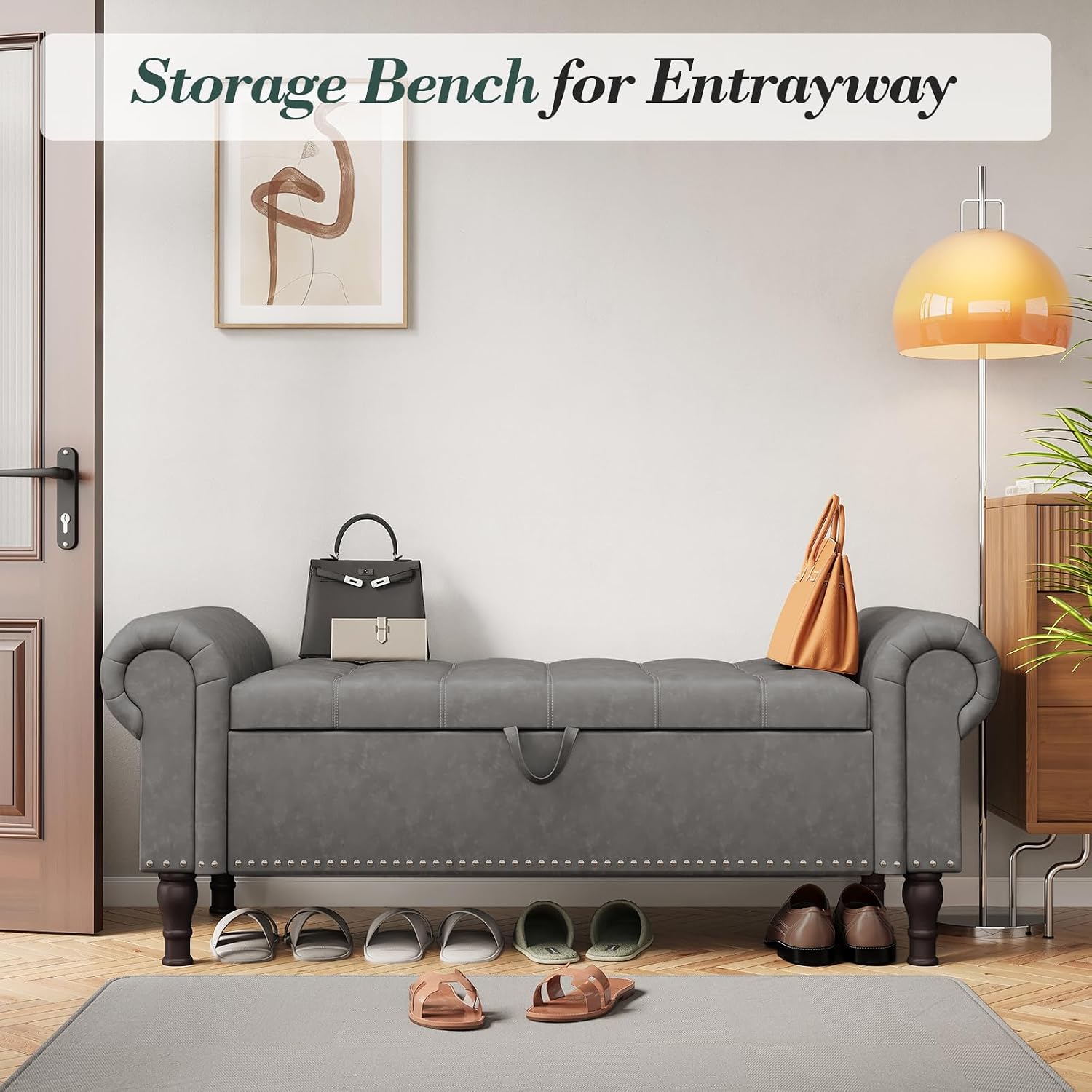 Apicizon 51' Bench with Storage, Upholstered Tufted Button Bedroom Bench with Storage, Faux Leather End of Bed Bench with Rolled Arms, Storage Ottoman Bench for Bedroom, Living Room, Entryway, Gray