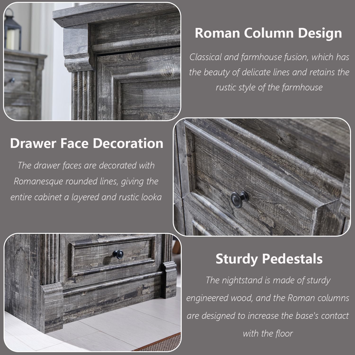 Aitjunz 26' Tall 2 Drawers Dresser for Bedroom, Farmhouse 23.6' Wide Large Nightstand with Charging Station, Wood Rustic Side Table w/Roman Column, End Table for Bedroom, Living Room, Light Grey