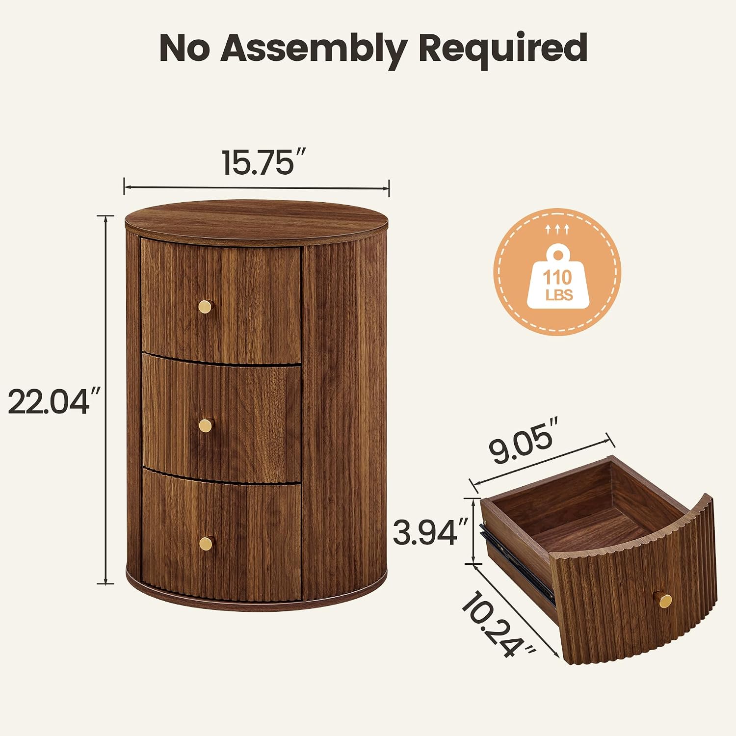 FurSch Fully Assembled Round End Table, Fluted Mid Century Side Table with 3 Storage Drawers for Living Room, Bedroom, Couch (Walnut-1 pc)