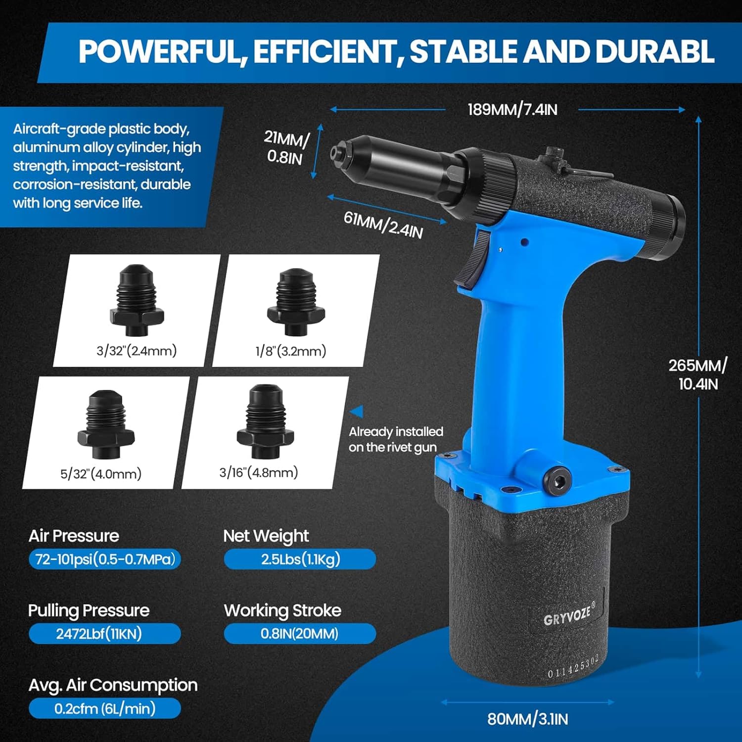 Pneumatic Rivet Gun Air Pop Riveter Tool Kit with 3/32', 1/8', 5/32', 3/16' Rivet Nozzles, Self-Suction Pneumatic Riveting Gun, Upgraded Air Riveter Hydraulic Pop Riveting Rivets Tool