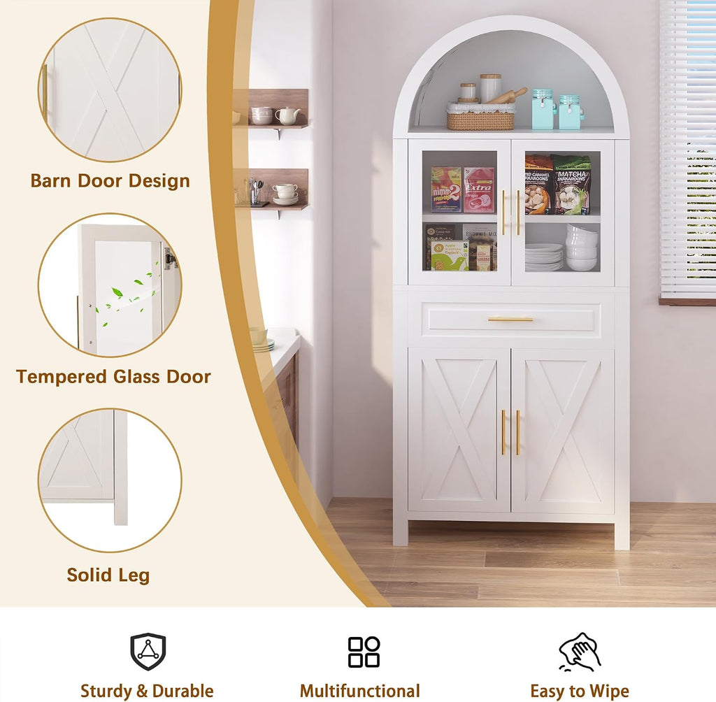 71' Farmhouse Arched Kitchen Pantry Cabinet with Glass Doors & Large Drawer, Wood Versatile Cupboard with Adjustable Shelves for Kitchen Dining Room Living Room Coffee Bar(White)