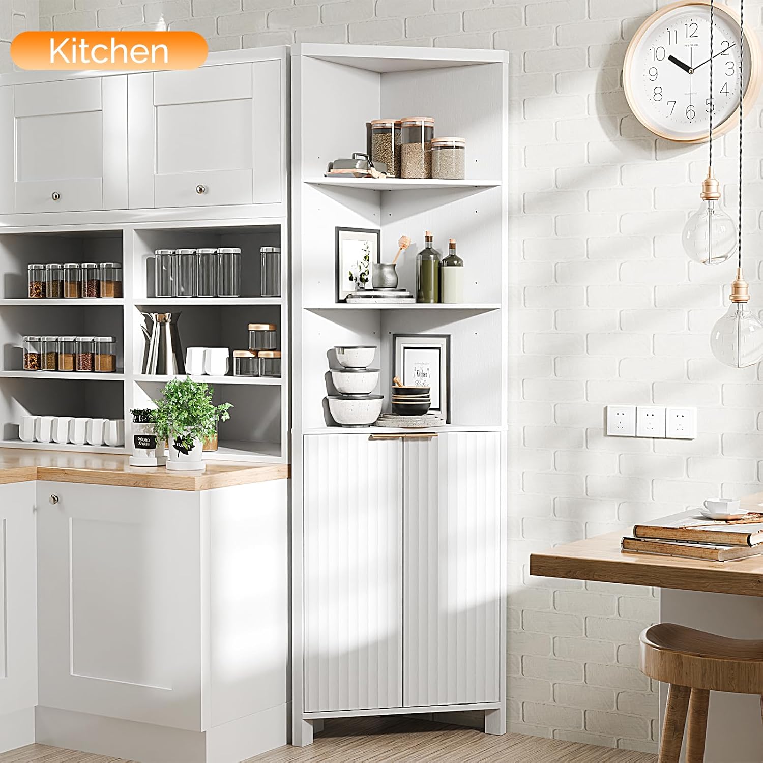 VINGLI Tall Corner Cabinet with Fluted Doors, 68' White Corner Storage Cabinet with Adjustable Shelves, Freestanding Wood Corner Bookshelf for Bathroom, Living Room & Kitchen, Space-Saving