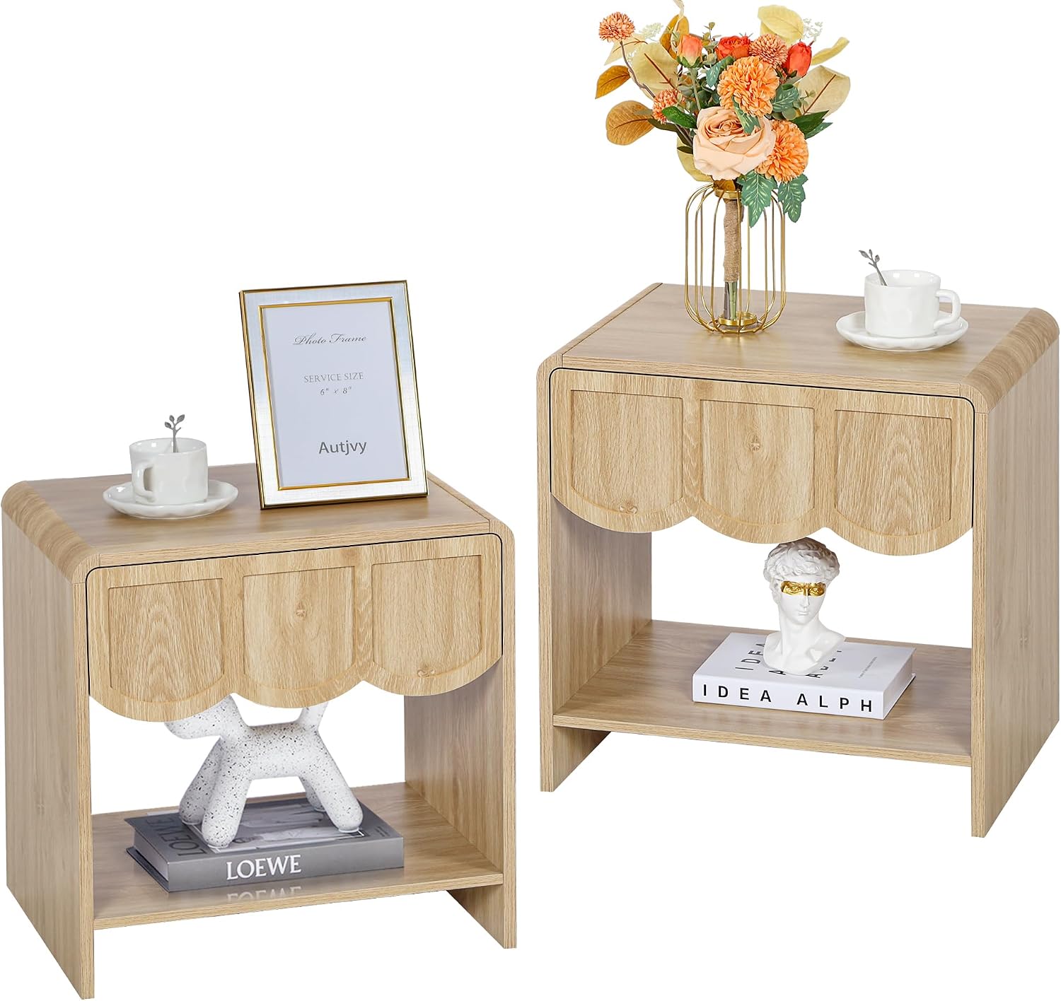 Small Night Stand Set of 2, Mid Century Modern Farmhouse Wood Nightstand with Wave Panel Drawer, Bed Side End Table for Small Space, Living Room - Natural