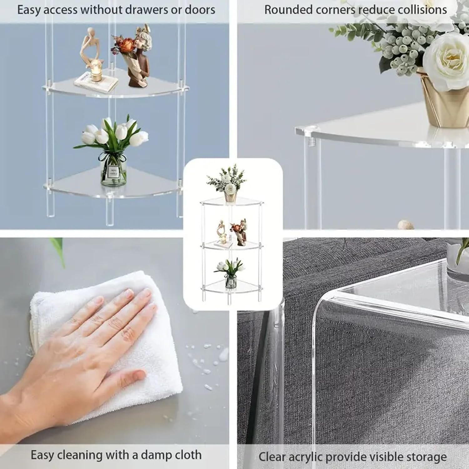 Clear Triangle Acrylic Side Table, 3-Tier Corner Shelf Stand End Table, Acrylic Bedside Table for Small Spaces, for Living Room, Bedroom, Bathroom Home Decor Display,Clear,Four Layer