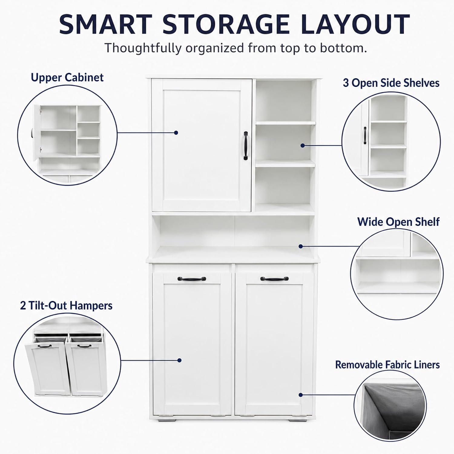 Bathroom Storage Cabinet with 2 Tilt-Out Bins, Freestanding | Particle board, MDF, melamine finish, 2 tilt-out bins, adjustable shelf, open shelves, bathroom, 31.5 W x 15.75 D x 63 H in