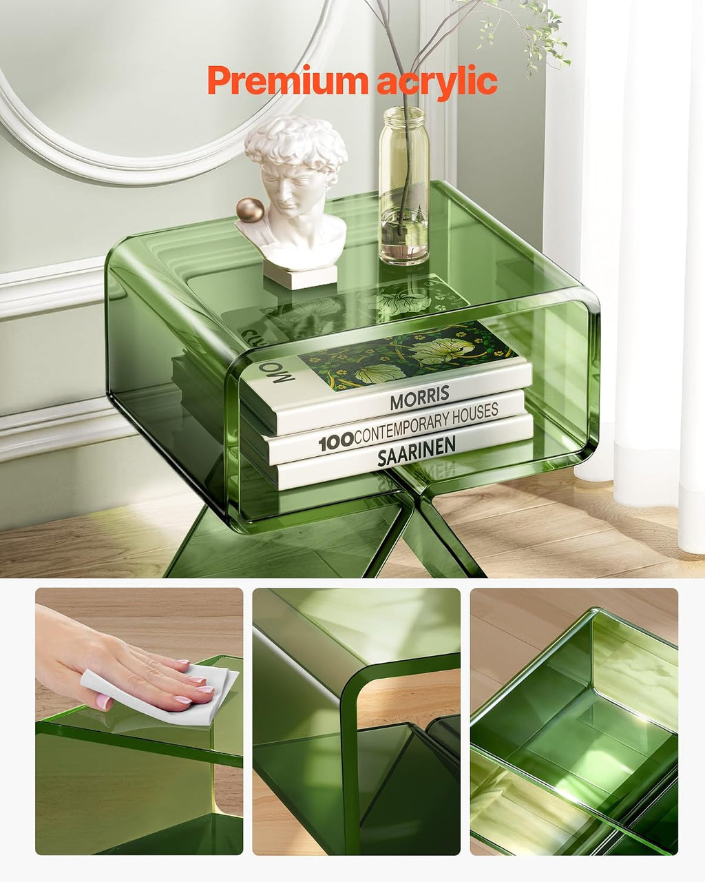 VEVOR Acrylic Nightstand Side Table, Modern Clear End Table with Storage Shelf, Transparent Small Bedside Table for Bedroom, Home Decor, Living Room, No Assembly Needed, Green