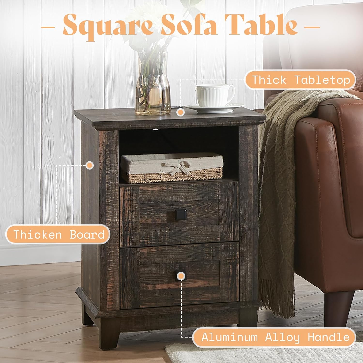 AMERLIFE 4-Piece Farmhouse Furniture Set: Sliding Barn Door TV Stand, Coffee Table, and Two End Tables with Charging Station for Living Room, Bedroom, Rustic Oak Black