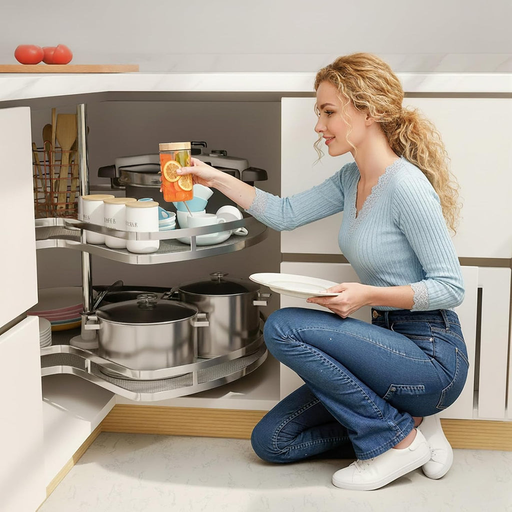 Blind Corner Cabinet Kidney Lazy Susan, Soft Close Rotary Cabinet Organizer 32inch, Corner Cabinet Lazy Susan for Blind Shelf, 2 Tiers Tray, Adjustable Height
