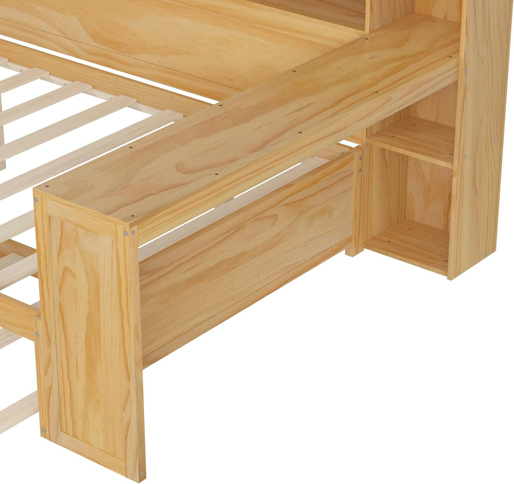 Harper & Bright Designs Full Size Wooden Daybed with Storage Shelves, Multi-Functional Corner Bed Frame with Twin Size Trundle Bed and Study Desk for Kids Teen, Natural