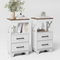 Tall Nightstand Set of 2 Side Table with 2 Drawers Modern Night Stand Wooden Rustic End Table Bedside Table with Below Open Shelf Solid Feet for Bedroom White+Walnut