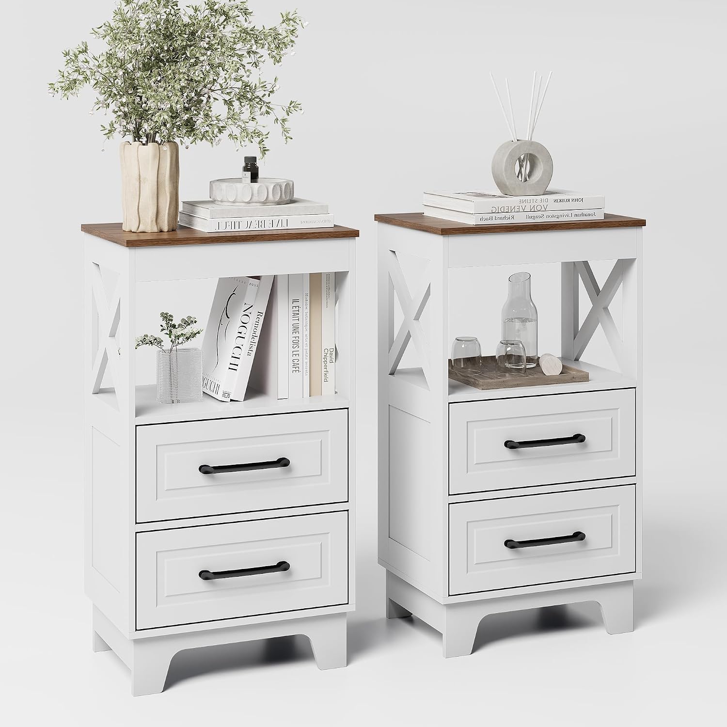 Tall Nightstand Set of 2 Side Table with 2 Drawers Modern Night Stand Wooden Rustic End Table Bedside Table with Below Open Shelf Solid Feet for Bedroom White+Walnut
