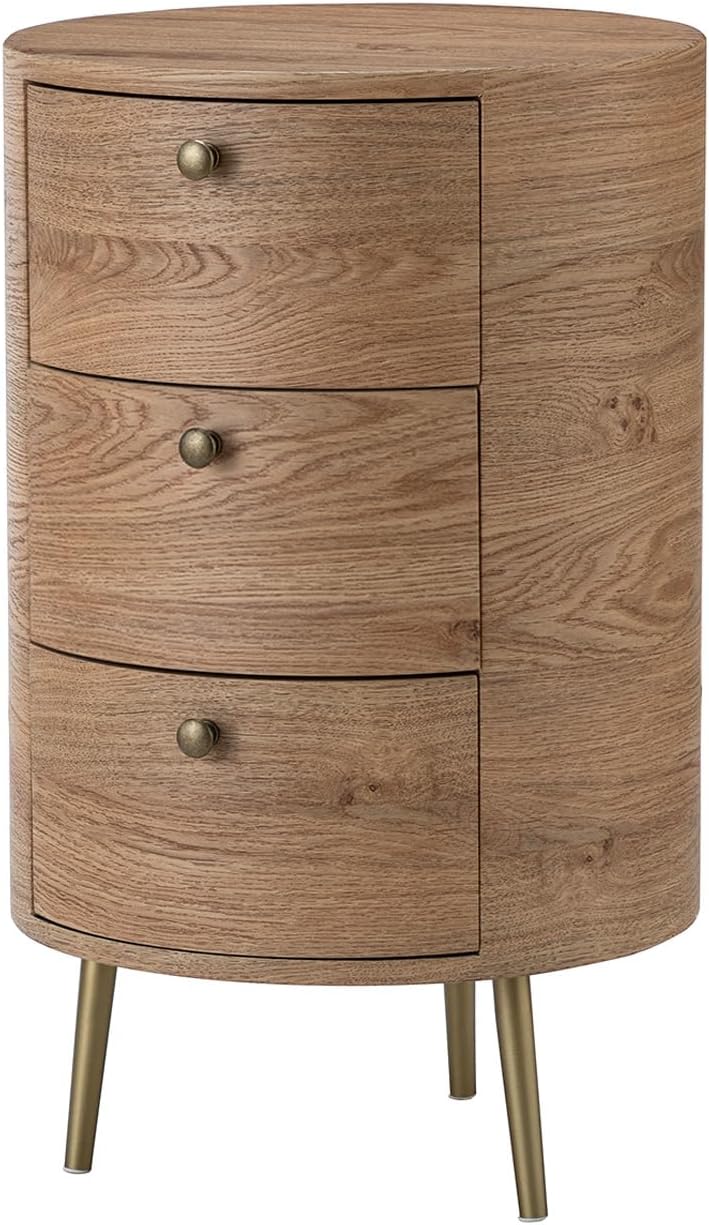 HULALA HOME Round End Table with 3 Storage Drawers, Mid Century Modern Sofa Side Table with Metal Legs, Farmhouse Wood Small Side Table for Living Room, Bedroom and Small Spaces, Oak